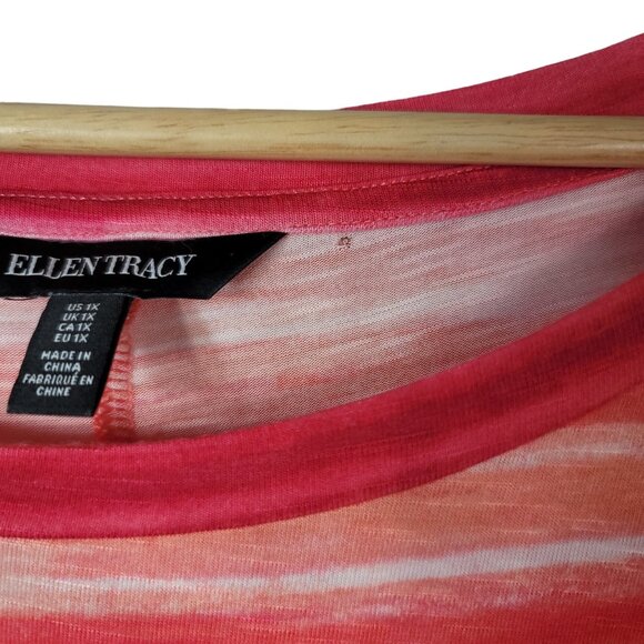 Ellen Tracy Pullover Top Pink 1X Round Neck Open Short Sleeve Ties On Striped - Picture 8 of 8